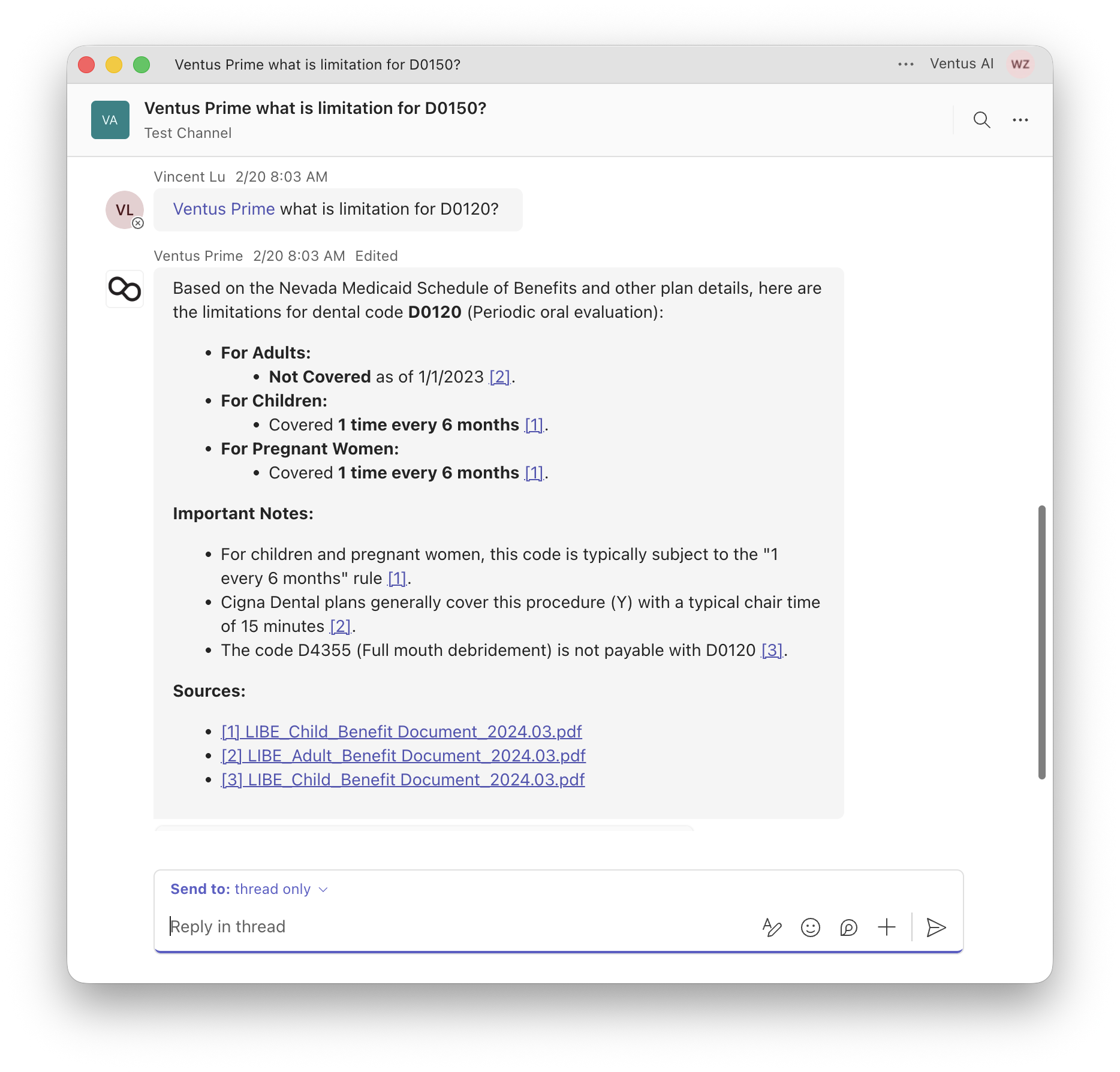 Ventus responding in Teams