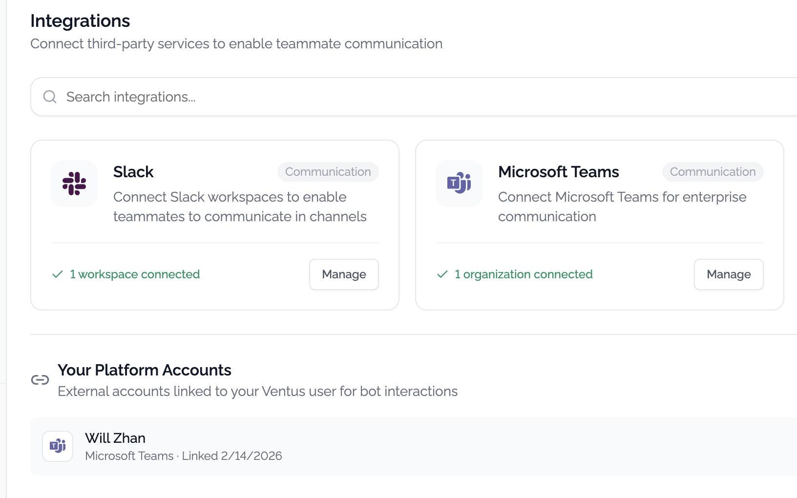 Teams integration connected
