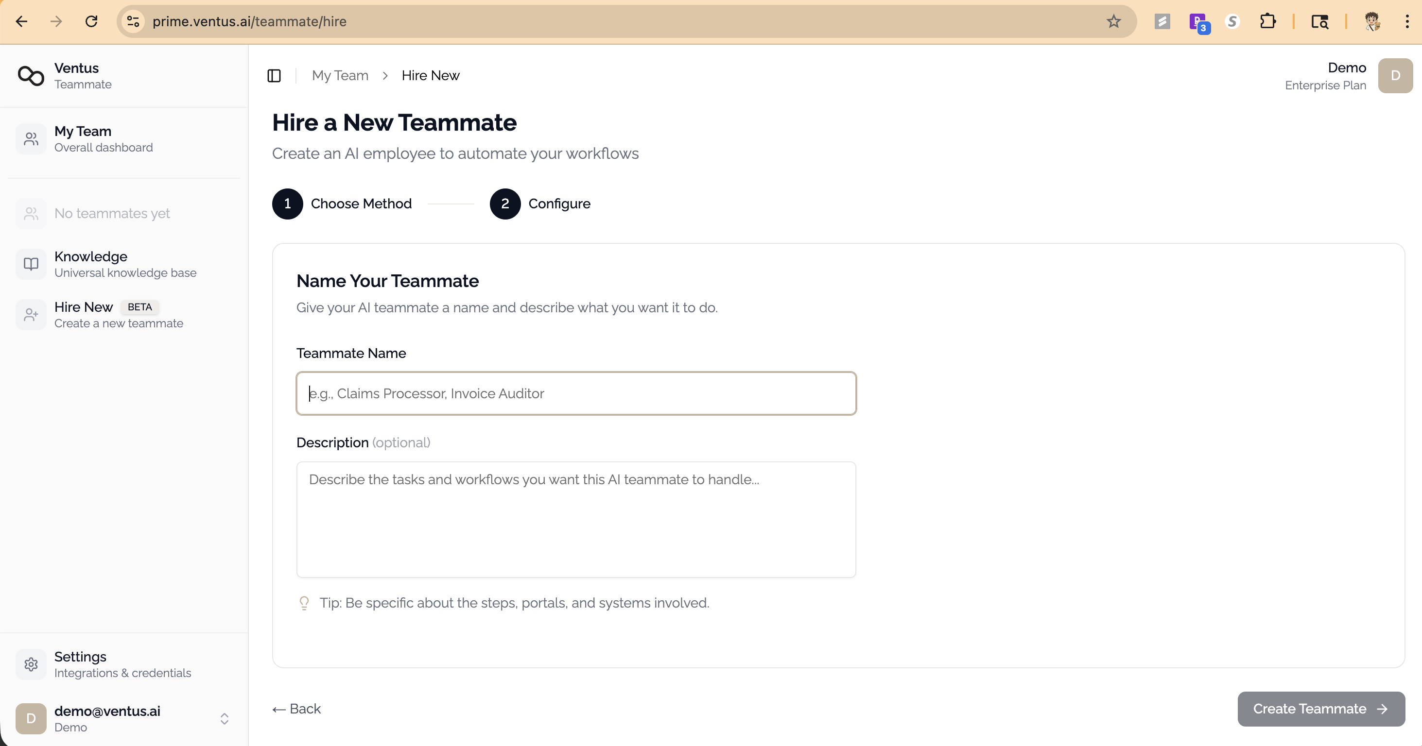 Teammate creation form